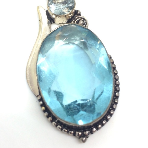 VINTAGE STERLING SILVER 925 LARGE BLUE FACETED GLASS PENDANT ABSTRACT BOHO - Picture 8 of 14